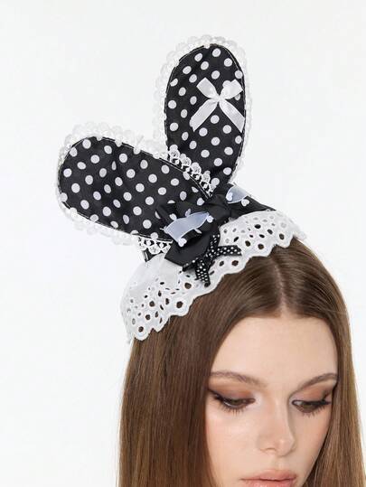 ROMWE Anime 1 Piece Of Cute Polka Dot Lace Rabbit Ears Top Hat Hairpin, Retro Black And White Polka Dot Bow Duck Bill Clip, Daily Mass Production Handmade Hair Accessories (Rabbit Ears Can Be DIY Shaped At Will)