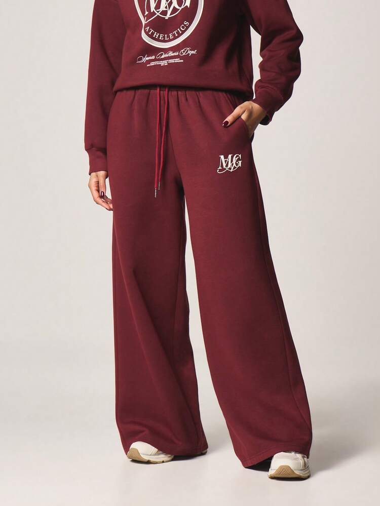 MISSGUIDED ワインレッド ワイドレッグ ドローストリング ジョガーパンツ、ウエストゴム、ロゴプリント付き カジュアルで快適