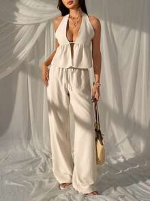 SHEIN EZwear 卡其色露背吊带上衣和裤子编织休闲套装 - 卡其色 - 查看 4