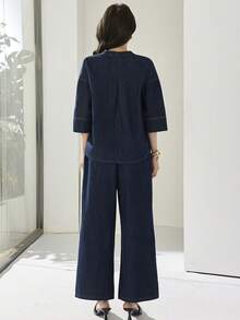 Heiryn Bluză casual din denim pentru femei, cu guler crestat - Spălare întunecată - Vizualizare 2