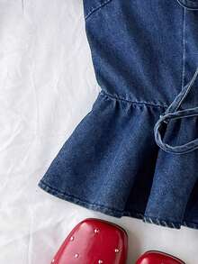 Comfortcana Conjunto feminino casual de férias com blusa sem mangas com amarração frontal e calça jeans. - Lavagem escura - Ver 7