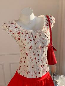 Comfortcana 女士休闲樱桃印花泡泡袖衬衫，夏季 - 杏色 - 查看 8