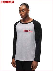 SHEIN 1pc Men's Raglan Sleeve Sweatshirt, Gray Body With Black Sleeves And Collar, Red "Rest Era" Print On Chest, Casual And Versatile Design, Suitable For Everyday Wear - Multicolor - View 4