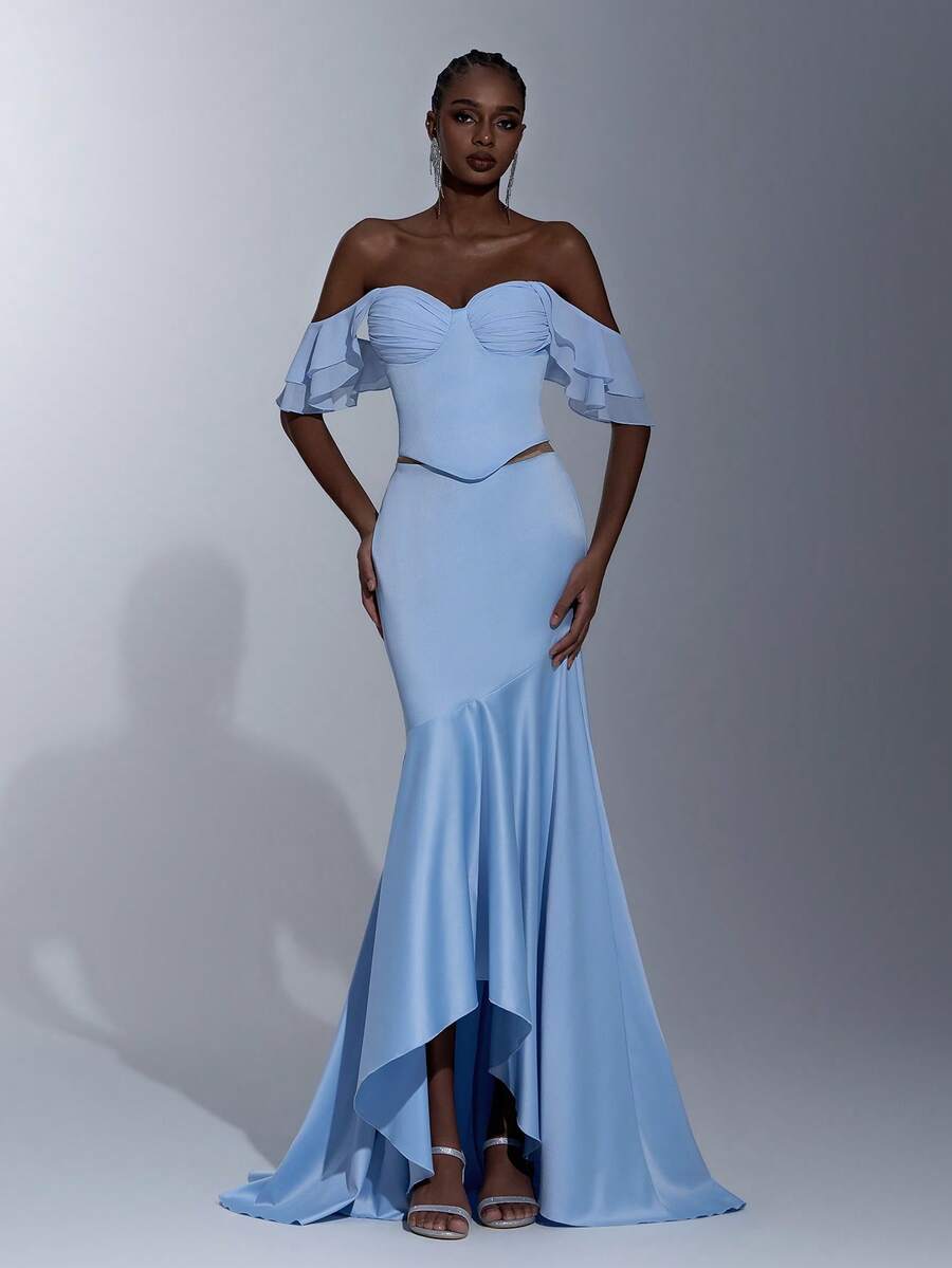 Elitara 优雅奢华浅蓝色缎面雪纺露肩荷叶袖鱼尾长款连衣裙，带拖尾，女士正式晚礼服 - 淺藍色 - 查看 1