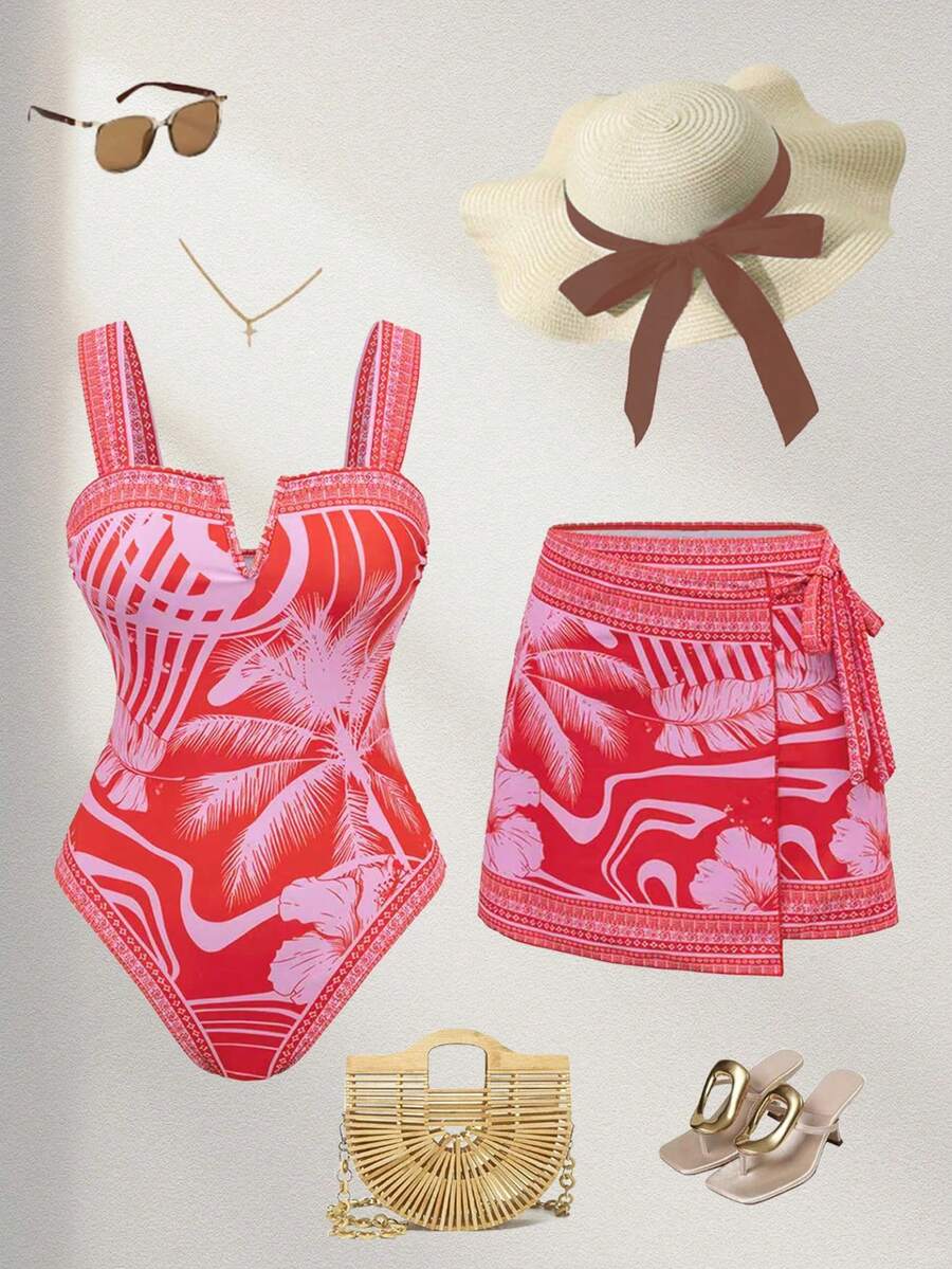 SHEIN Swim Oasis 2件套2025新款女士连体印花泳衣带裙式海滩度假休闲泳装套装夏季 - 彩色 - 查看 1