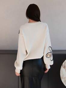 Bris Aura CONTRAST SEQUIN EMBROIDERY PULLOVER SWEATER - Apricot - View 3
