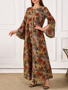 Al Najma 女士优雅全印花阿拉伯风格连衣裙 - 綠色 - 查看 8