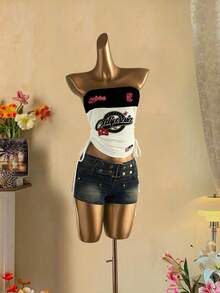 SHEIN EZwear 女士休闲抽绳系带露脐抹胸上衣 - 紅色和黑色 - 查看 5