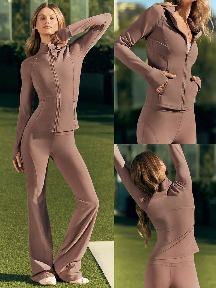 Chaqueta con cremallera de manga larga FeatherFit™ Slim-It Streamline Performance con bolsillos seguros, para yoga de bajo impacto y uso diario en otoño