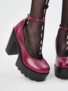 ROMWE Goth 女士闭趾交叉绑带玛丽珍鞋，朋克哥特厚底厚跟绑带搭扣JK制服鞋，防水正式工作高跟鞋 - 紅色 - 查看 2