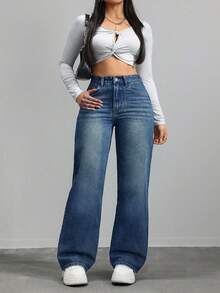 SHEIN CURVE+ 大码女式牛仔蓝色无弹力修身直筒牛仔裤，秋季女装 - 藍色 - 查看 8