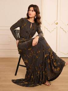 Lilora Women's Elegant Long Velvet Plum Blossom Print Dress Winter Dress Spring Outfit Women Elegant And Fashionable Flowy Dresses For Women Moftif Dresses For Women Long Sleeve Maxi Dress Long Boho Dress