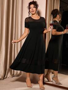 Cravure Plus Size Elegant Black Summer Curve Mesh Patchwork Cocktail Midi Dress,Commuter Solid Color Medium Length Ladies' Dresses For Vacations And Parties - Black - View 1
