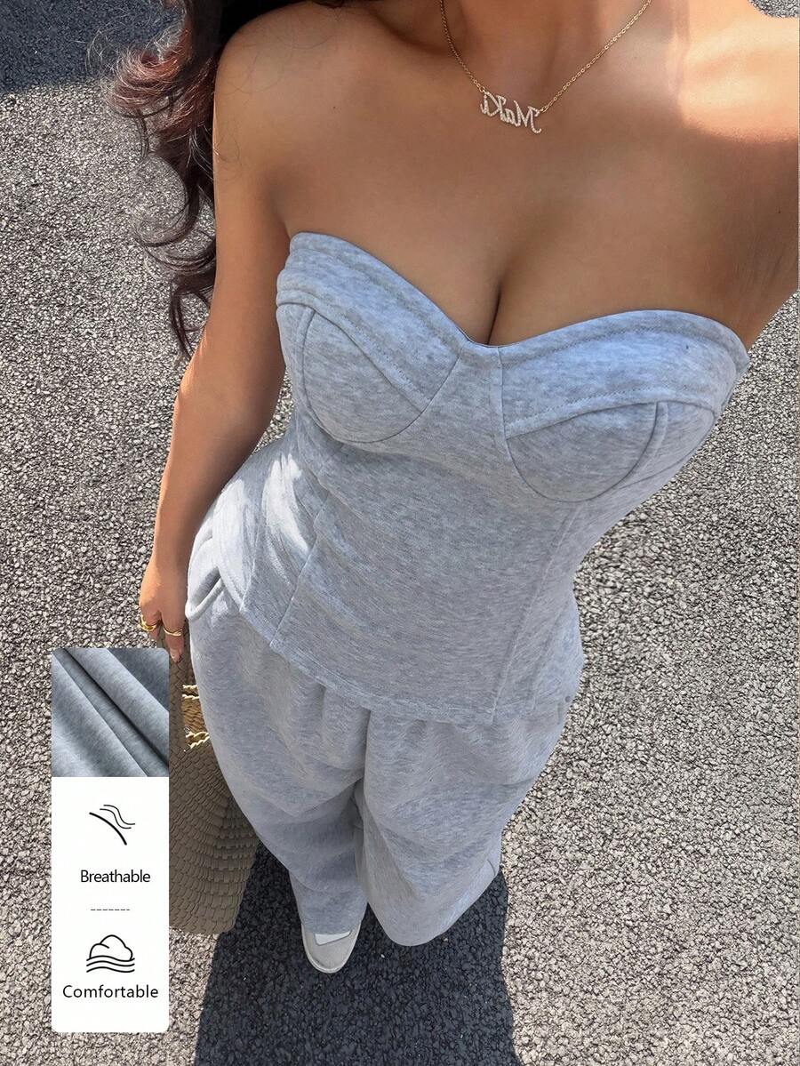 Flirla 2pcs Women Minimalist Sports Bra And Sweatpants Set - Grey - View 1