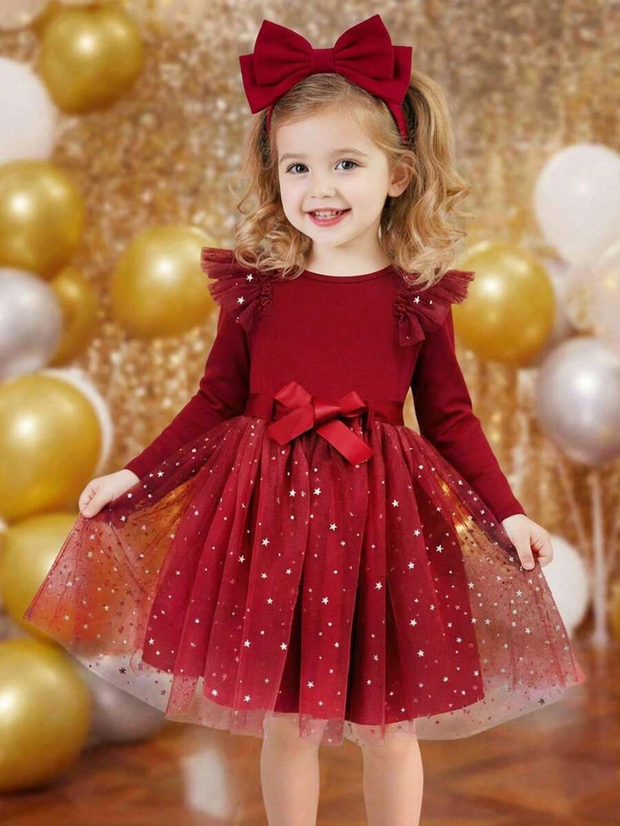 SHEIN Young Girl Elegant Red Mesh Long Sleeve Dress - Red - View 1
