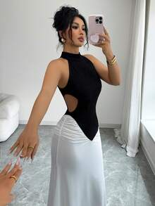 SHEIN Elenzya New Spring/Summer Black & White Color Block Design, Sexy High Slit Cold Shoulder Ruched Fitted Maxi Dress, Elegant For Party, Formal Event, Wedding, Halloween, Christmas, Holiday Vacation