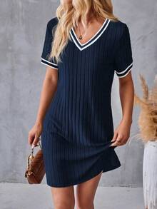 EMERY ROSE Fashionable Casual New Blue Ribbed V-Neck Splice Contrast Color Knit Dress - Multicolor - View 1