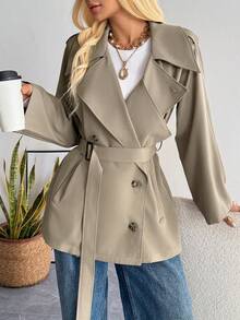 SHEIN EZwear 休闲百搭通勤米色梭织双排扣风衣