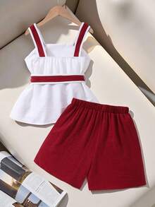 Bộ áo thun cho bé gái tuổi teen, áo tank top màu đen viền trắng, thắt lưng kiểu dáng hiện đại, kết hợp với quần short, phong cách công sở đơn giản cho mùa hè. - Đỏ và trắng - Xem 2