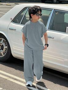 男童休闲韩版宽松纯黑色背心裤套装，适合通勤、上学、日常休闲、运动等多种场合，春夏度假皆宜。 - 藍色 - 查看 4