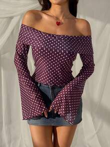 SHEIN EZwear Áo kiểu nữ màu đỏ rượu vang chấm bi, tay loe, trễ vai. - Màu Đỏ Sâu - Xem 3