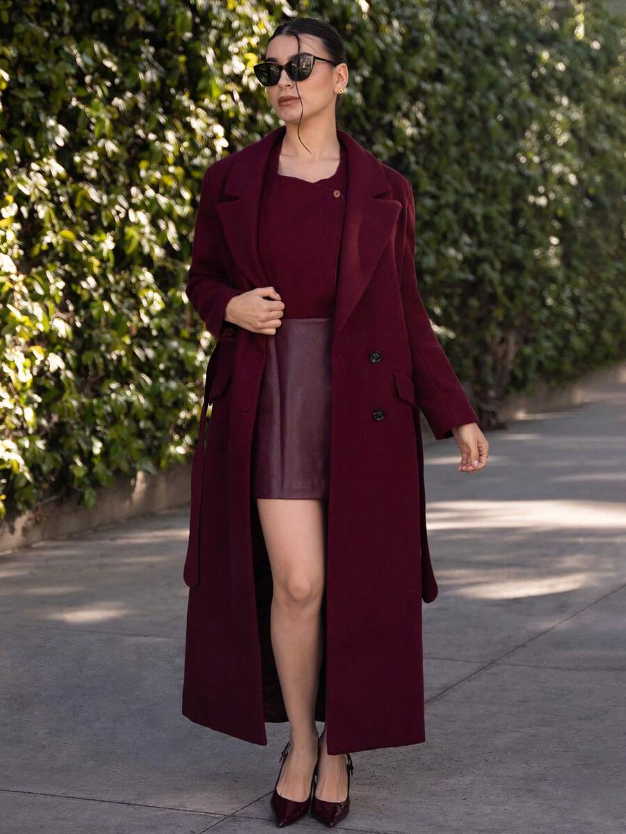 Andrea Bello Damen grauer Midikleid Gürtel Revers Mantel - Bordeaux - Übersicht 1