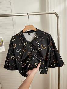 SHEIN EZwear Áo sơ mi đen in hình mặt cười nhiều màu sắc dành cho nữ cỡ lớn - màu đen - Xem 7