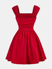 SHEIN Girlism Teen Girls Sleeveless A-Line Dress With Ruched Bust And Shoulders, Elegant Red Red Mini Dress Red Dress Red Outfit Classy Dress Elegant Dress - Red - View 2