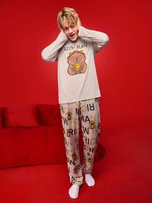 SHEIN 字母印花圆领长袖男士睡衣套装 - 杏色 - 查看 5