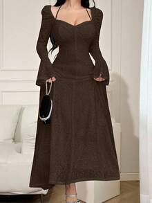 Feyla Women's Solid Color Minimalist Long Sleeve Midi Dress, Casual Everyday Wear - Coffee Brown - View 3