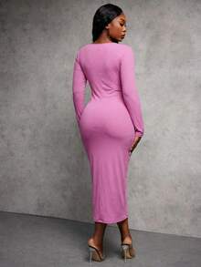 SHEIN SXY Plus Size Women's Solid Scoop Neck Bodycon Dress Sexy Curve Dress Curve Dresses Pink Curvy Dress Pink Long Sleeve Dress - Hot Pink - View 2