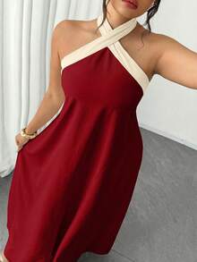 Elenzga Collection d'élégance excentrique intemporelle (Vibes Woe Is Me)(Esthétique du mercredi) Robe grande taille à encolure bateauet blocs de couleurs - Rouge foncé - Voir 4