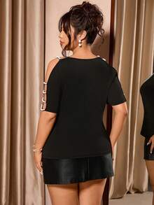 Cravure 大码女式珍珠装饰露肩短袖时尚T恤 - 黑色 - 查看 2
