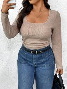 SHEIN Frenchy Apricot Rib Knit Square Neck Long Sleeve Plus Size T-Shirt Casual Regular Length Top - Apricot - View 3