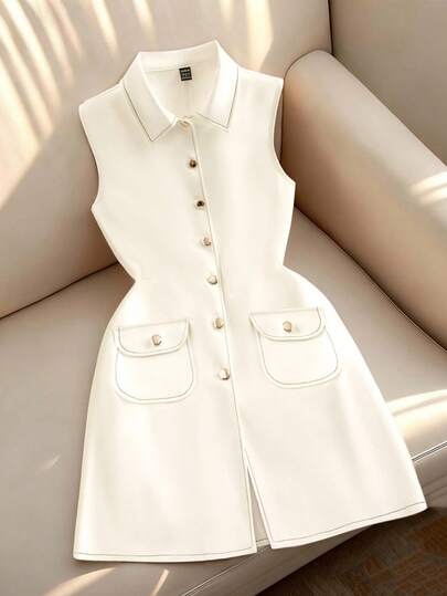 Franclia Summer New Solid Color Polo Collar Halter Dress