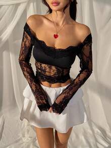 SHEIN EZwear Valentine's Day Fashionable Sexy Black Lace Backless Bodycon Top For Women Lacey Top - Black - View 10