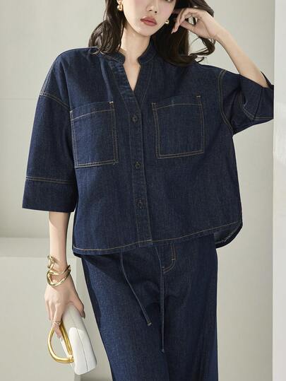 Heiryn Women's Casual Notch Collar Denim Blouse Summer Blouse  Spring Outfit Women Elegant Party Blouse Going Out Blouse Elegant Blouses For Ladies Vacation Outfits Women Casual Blouses For Women Black Blouse Fashionable Women's Denim Blouse Loose Fit Half Sleeve Mandar Collar Pockets Casual Dark Blue Top