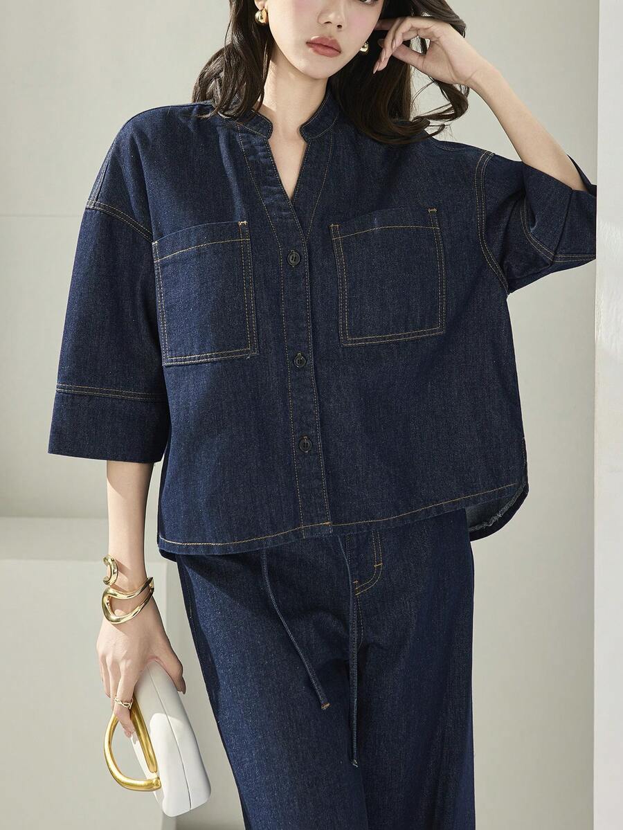 Heiryn Bluză casual din denim pentru femei, cu guler crestat - Spălare întunecată - Vizualizare 1