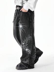 ROMWE MEN Street Life Men's Casual Washed Rhinestone Embellished Wide Leg Jeans