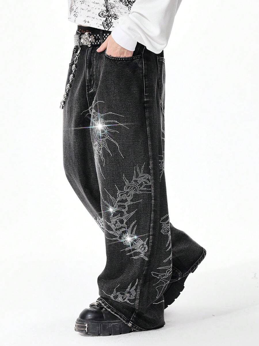 ROMWE MEN Street Life 男士休闲水洗水钻装饰阔腿牛仔裤