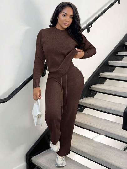 Alexandranx Conjunto de 2 piezas casual de suéter de punto de cuello redondo con mangas dolman y pantalones de punto de pierna ancha en unicolor, para otoño/invierno