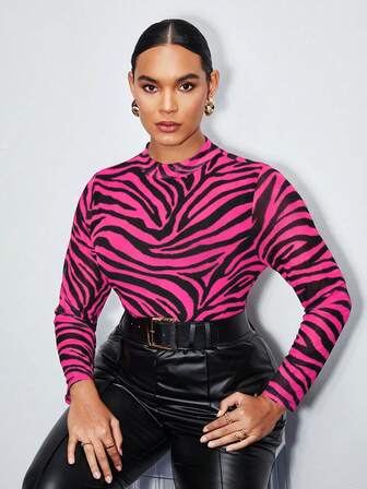 Maija Plusstorlek damtröja med zebratryck och polotröja, långärmad, med transparenta meshpaneler, elegant och sofistikerad urban och avslappnad affärsklädsel, lämplig för kontorskläder, pendling, modern och elegant, perfekt för sommaren, alla hjärtans dag