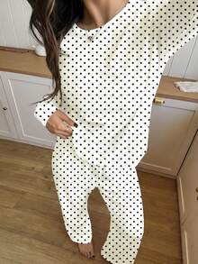 2pcs/Set Teen Girl Pop Art Mini Polka Dot Print Crew Neck Raglan Sleeve T-Shirt And Plaid Pattern Loose Casual Pants Loungewear Set, Chill Chill