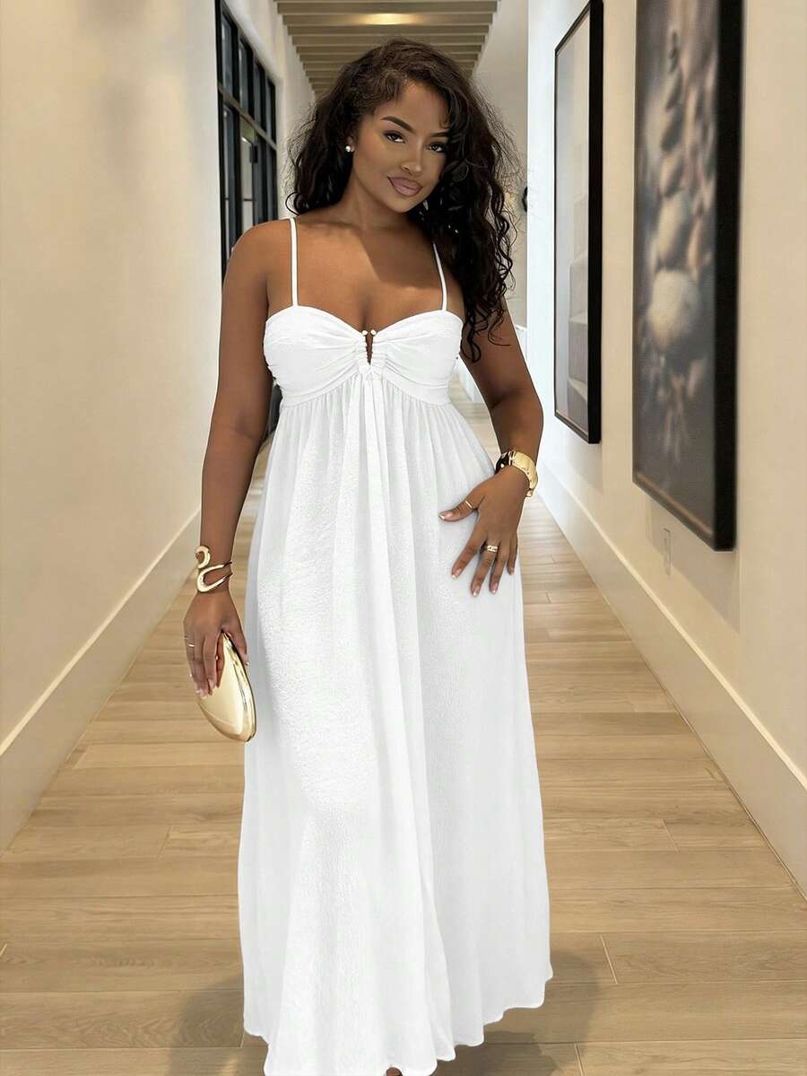 Alexandranx 女式褶皱无袖连衣裙，度假风格，春夏，女式夏季服装，女式沙滩服装，女式，春假，女式演唱会服装，波西米亚风，狂欢服装，热带度假，节日，浪漫女式夏季连衣裙，波西米亚风女式连衣裙，女式热带连衣裙，女式连衣裙，度假新品女式连衣裙 - 白色 - 查看 1