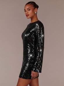 Athîral 女士纯色船领长袖亮片装饰时尚白色百搭修身迷你连衣裙，适合舞会、晚宴等场合。 - 黑色 - 查看 5