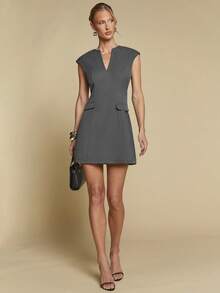 COSMINA Women's V-Neck Gray Cap Sleeve Minimalist A-Line Mini Dress, Old Money Style Dress, Office Commuter Mini Dress - Grey - View 3