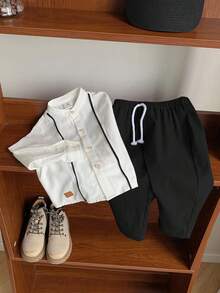 2pcs Baby Boy/Girl Decorated Ribbon Collar Short Sleeve Cardigan Top And Elastic Waist Casual Pants Set - Black and White - View 7