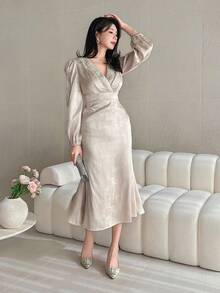 DAZY 女士优雅串珠V领泡泡袖长连衣裙，春夏婚礼宾客礼服/吊带裙 - 杏色 - 查看 5