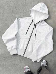 Manfinity Hypemode Plus Size Men's Solid Color Casual Zip-Up Hoodie Sweatshirt - Grey - View 4