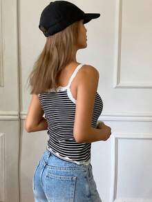 DAZY Women's Contrast Striped Lace Trim Fitted Camisole Elegant Sleeveless Top, Spring/Autumn Y2k